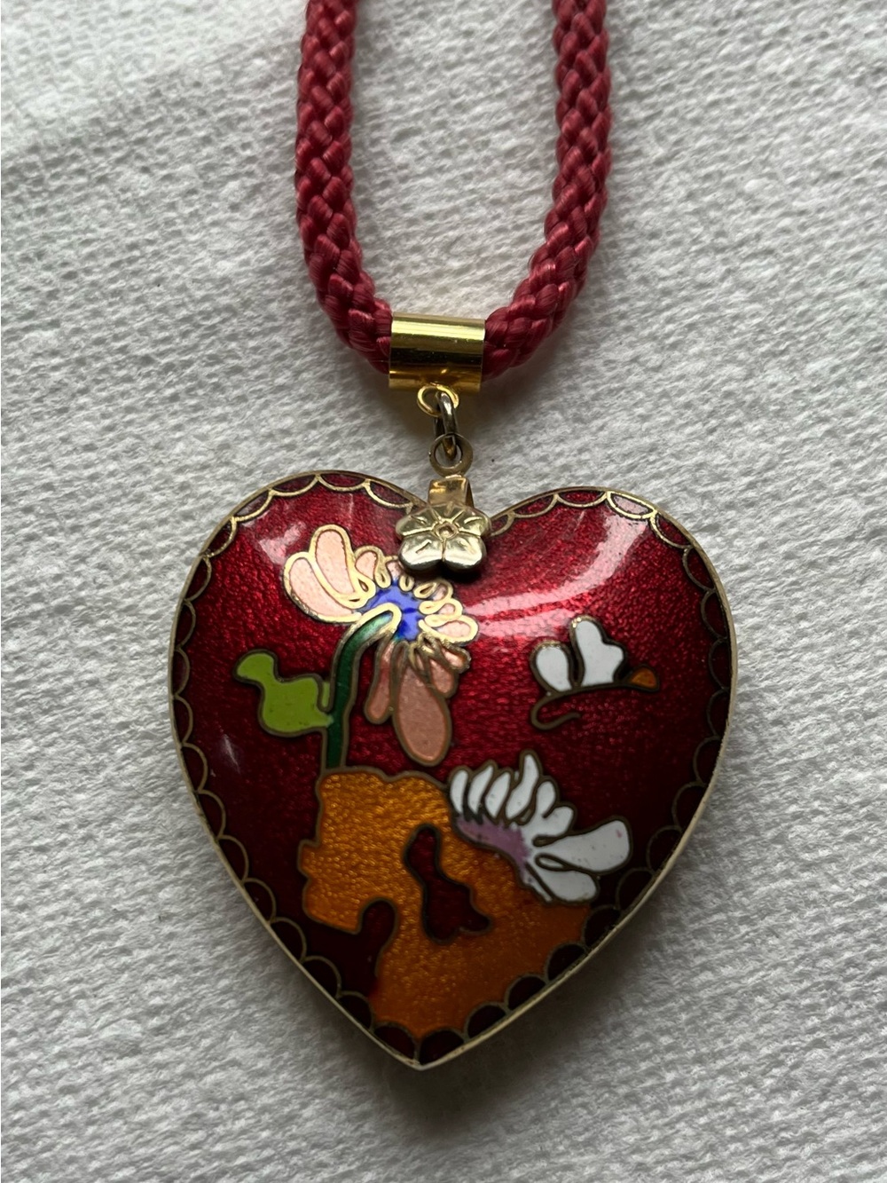 Vintage Cloisonné Puffy Heart Pendant Necklace
